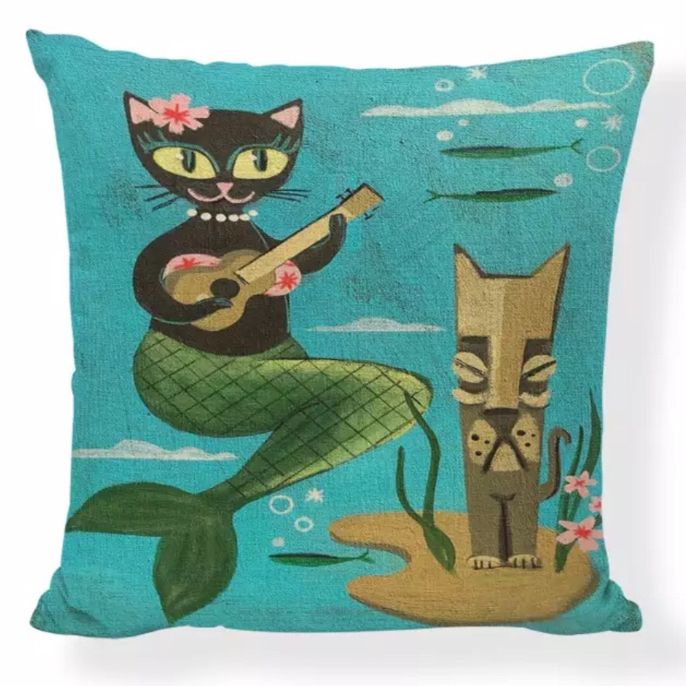 Kitschy Mermaid Cat Pillow Cover #1